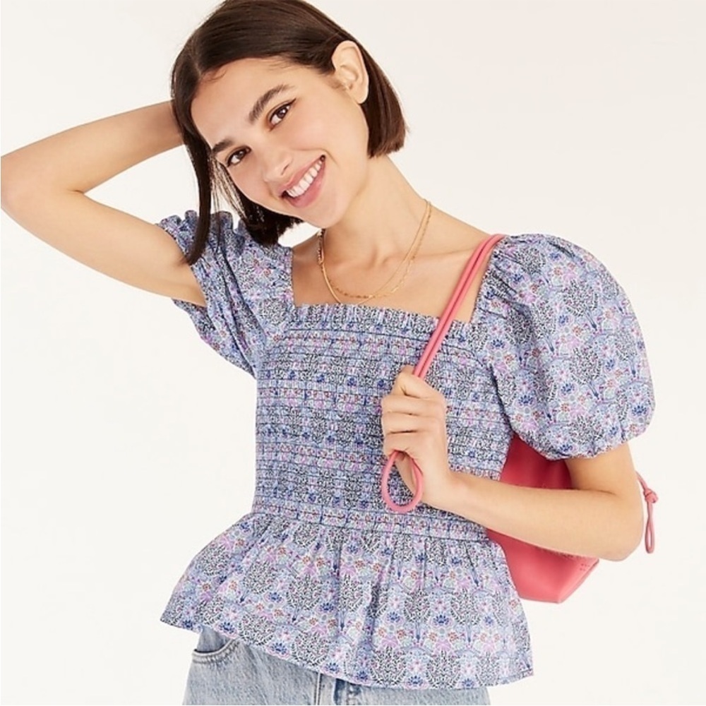 J Crew Smocked Sqareneck Organic Cotton Top Liberty Club Nouveau Purple Floral S